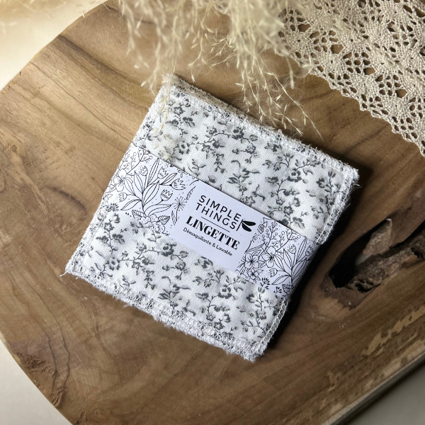 Lingette démaquillante lavable motif Fleurs grises, fabriqué en France