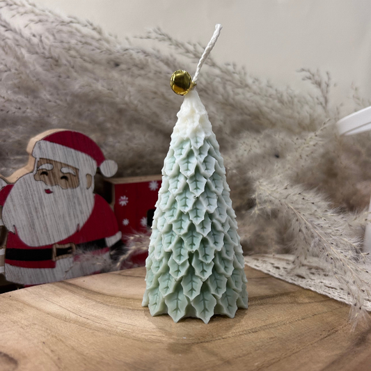 Bougie Sapin feuilles vert et blanc senteur sapin fabriqué à la main par Launa Bougie