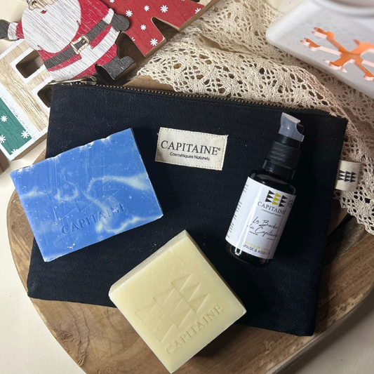 Coffret Rituel Naturel au masculin comprenant une mousse de rasage solide, une huile barbe et un savon solide pour le corps de la marque Capitaine Cosmétiques