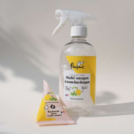 Bouteille rechargeable spray Multi Usage avec berlingot verveine citronné, fabriqué en France