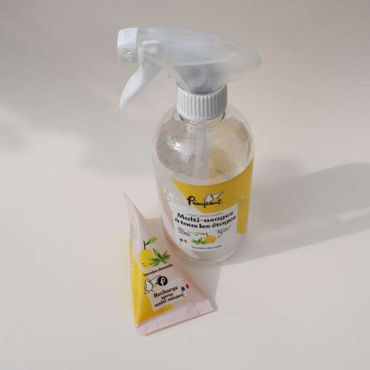 Bouteille rechargeable spray Multi Usage avec berlingot verveine citronné, fabriqué en France
