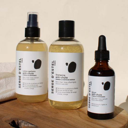 Routine capillaire anti chute avec lotion shampoing et sérum de la marque Serge d'Estel