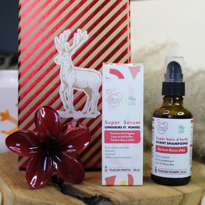 Coffret de Noel, coffret cheveux avec bain d'huile cheveux et un sérum cheveux longueurs et pointes abimés de chez Clémence & Vivien
