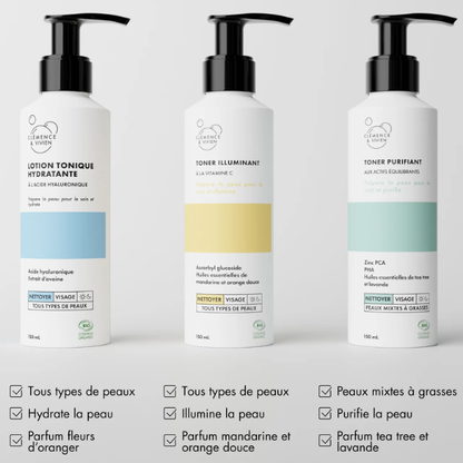 Un toner qui prépare la peau pour le soin et illumine, fini légèrement nacré.