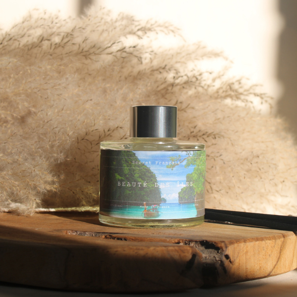 Découvrez le diffuseur de parfum 'Beauté des Iles'. Dans son élégante bouteille en verre de 100ml, profitez d'une composition 100% bio-dégradable et sans alcool qui embaumera votre habitat pendant au moins 3 mois. 