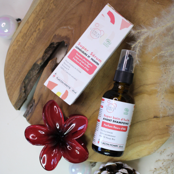 Coffret de Noel, coffret cheveux avec bain d'huile cheveux et un sérum cheveux longueurs et pointes abimés de chez Clémence & Vivien