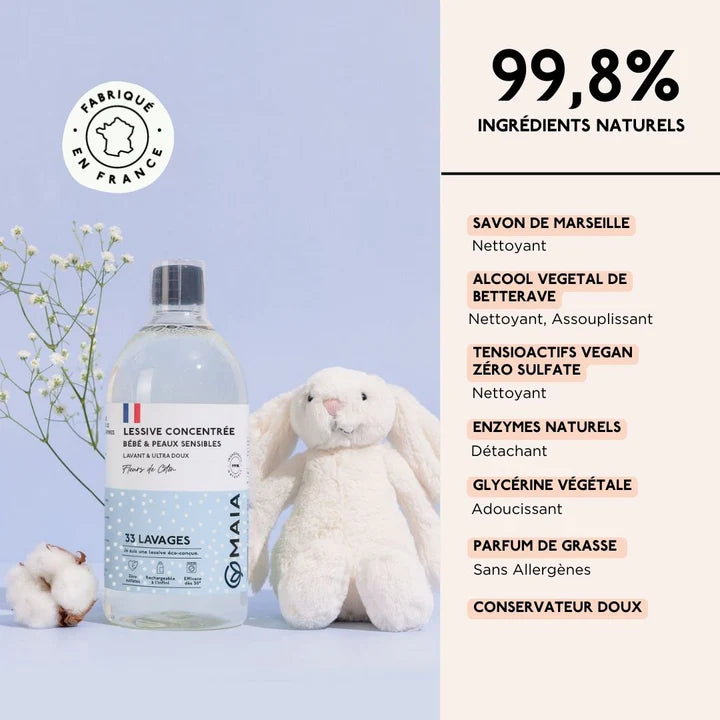 Lessive concentrée pour bébé & peaux sensibles parfum fleur de coton de la marque Maia Home