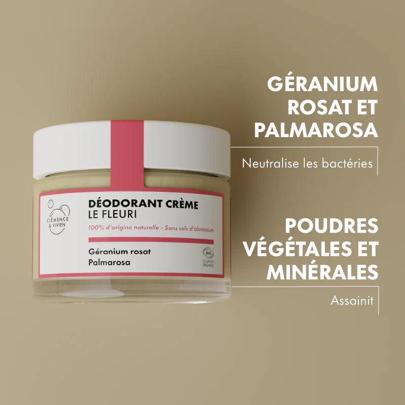 Composé de poudres minérales et d'huiles essentielles aux propriétés antibactériennes, ce déodorant crème absorbe l'humidité sans bloquer la transpiration, permettant à la peau de respirer naturellement. Sa texture crémeuse est douce, facile à appliquer et pénètre rapidement sans laisser de résidu. Formulé sans sels d'aluminium ni conservateurs, il respecte la peau et s'adapte aux peaux sensibles. 