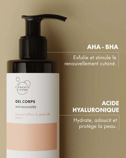 Gel corps anti-rugosités AHA,BHA, Acide hyaluronique de la marque Clémence & Vivien