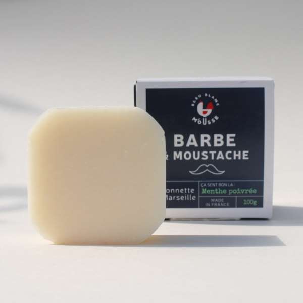 Savon Barbe & Moustache à la Menthe Poivrée de la marque Bleu Blanc Mousse, fabriqué en France 