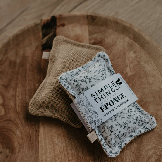 Eponge lavable en jute 'Fleurs grises' fabriqué à la main en France de la marque Simple Things - Eponge réutilisable  française